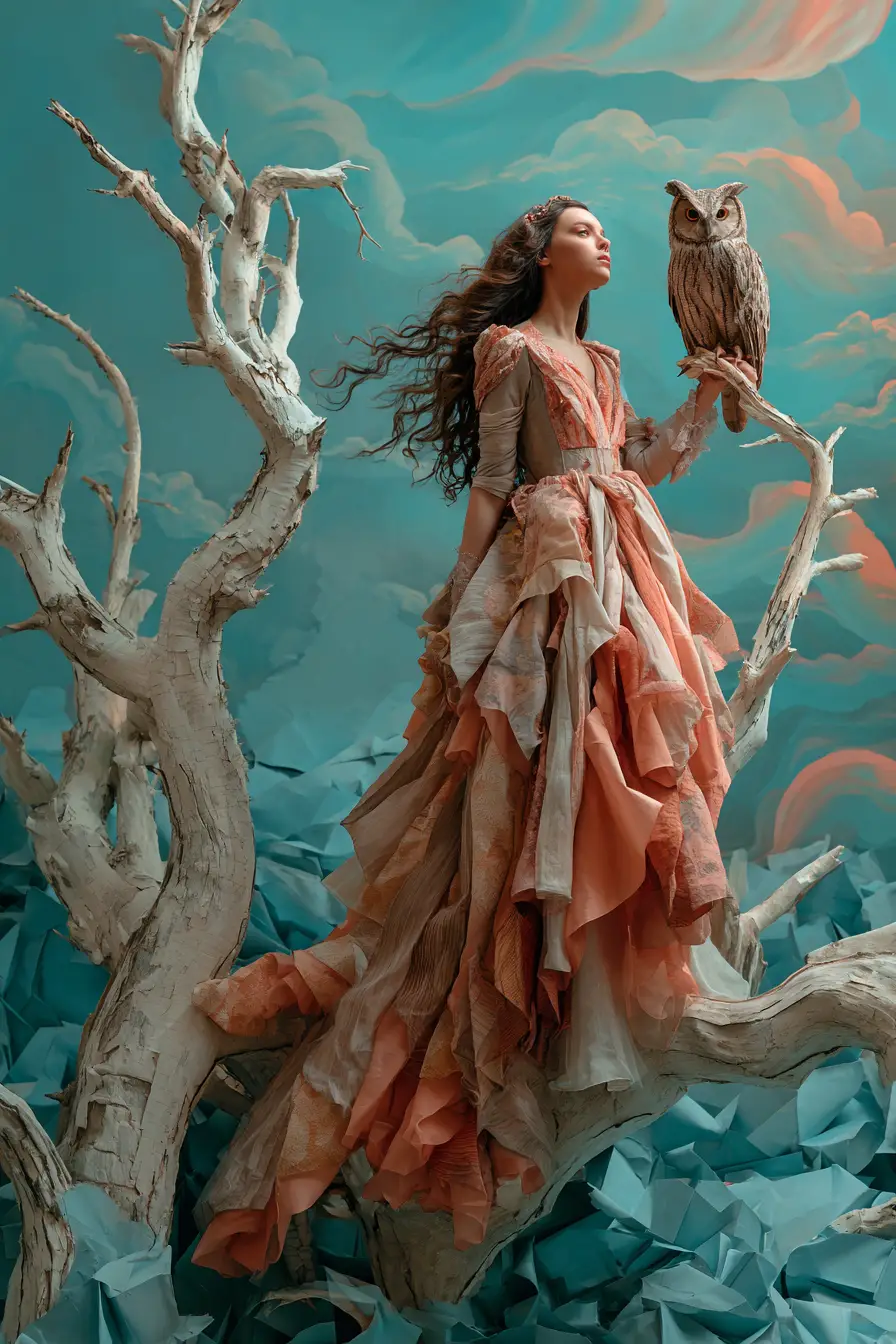 Woman with owl beside a stormy surreal sea
