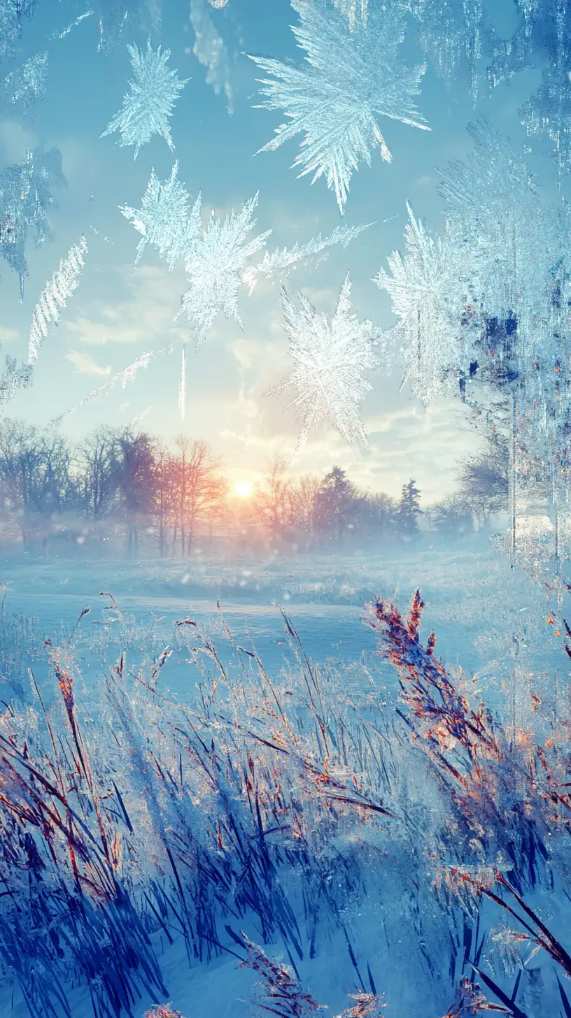 Winter sunrise landscape seen through icy window crystals