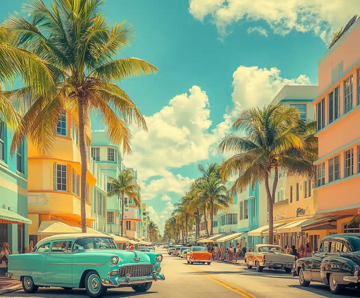 Colorful art deco buildings on miami beach street