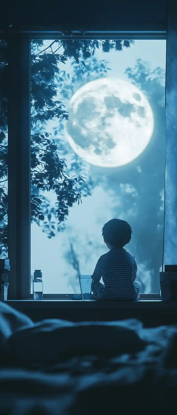 Boy In Pajamas Talking Quietly To The Moon