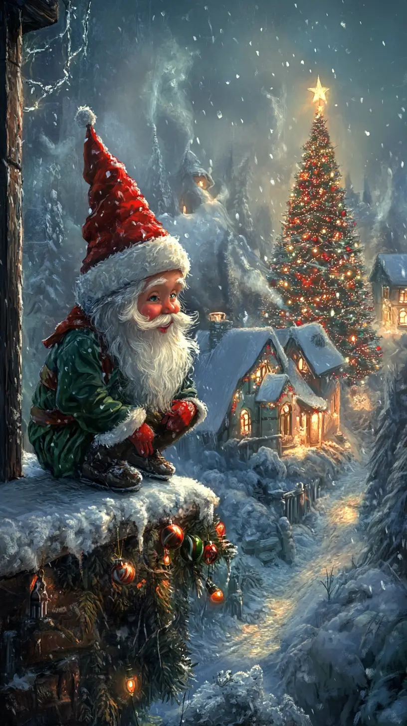 Christmas elf on snowy windowsill watching glowing home