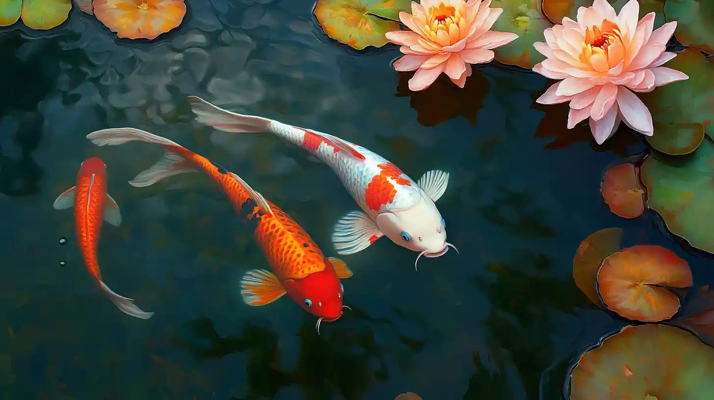 Realistic koi pond with colorful fish and flowers