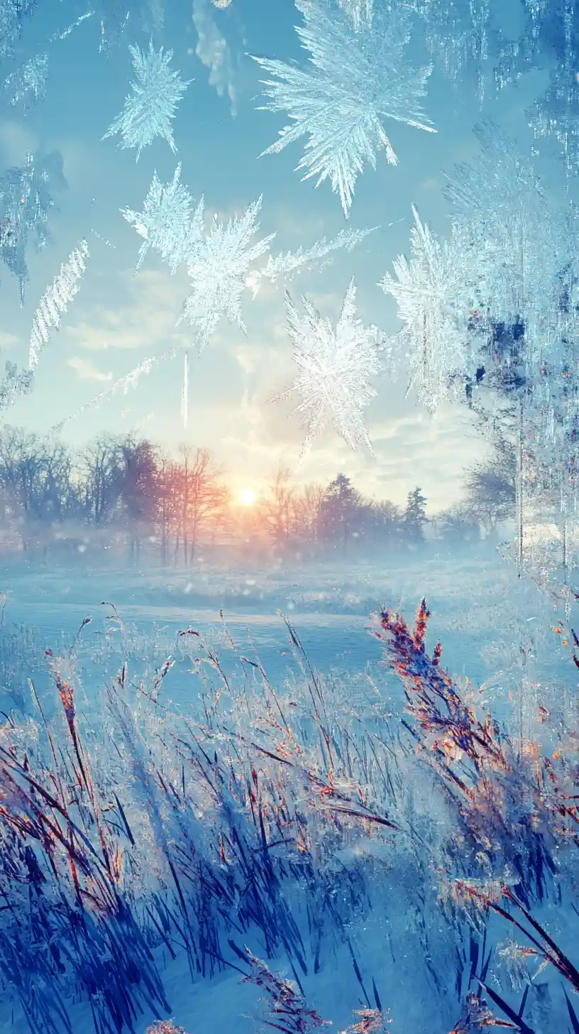 Paisaje de amanecer invernal visto a través de cristales de hielo en la ventana