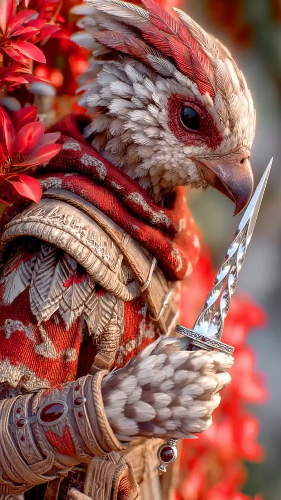 Armored bird warrior with dagger and crimson leaves