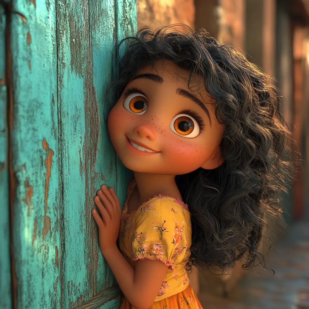 Pixar style girl smiling by a turquoise door