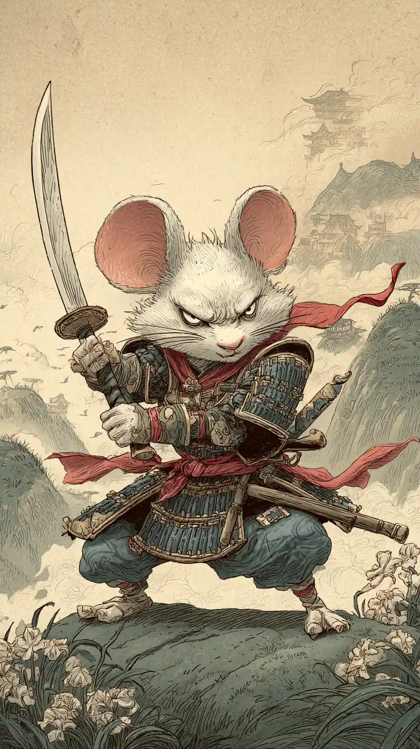 Angry samurai mouse with sword in Chinese landscape