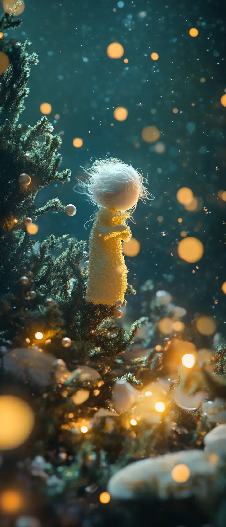 Tiny glowing yarn doll in a dreamy forest scene