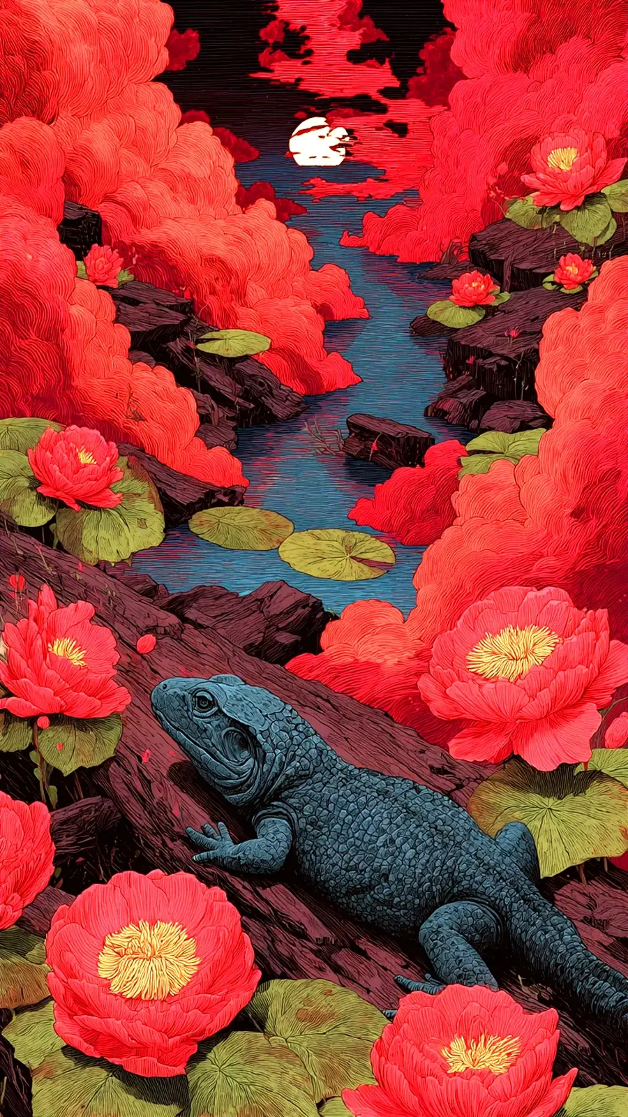 Blue green lizard on rock by river with red lotus