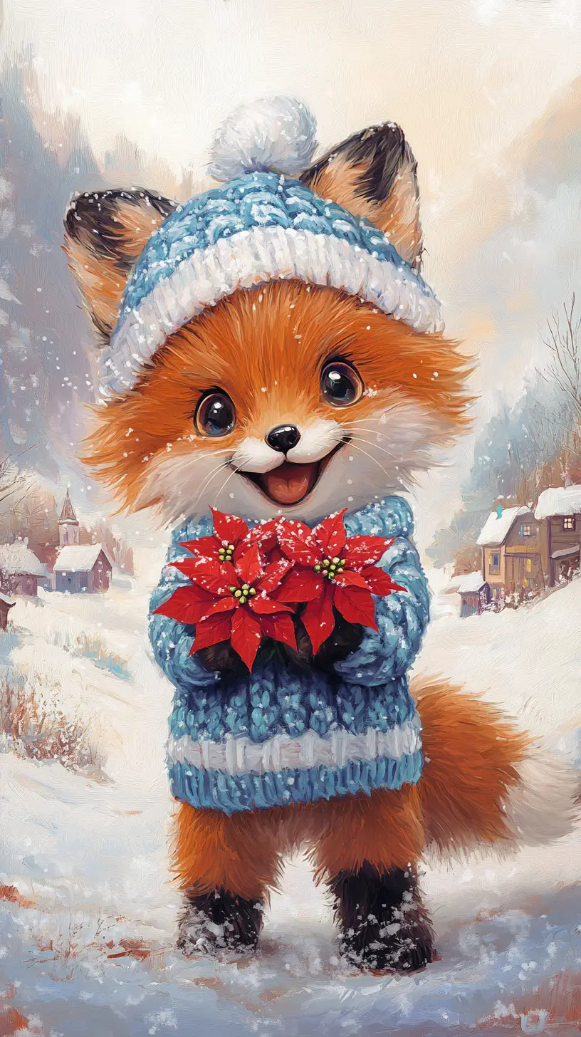 Cute baby fox in knitted winter clothes in snow