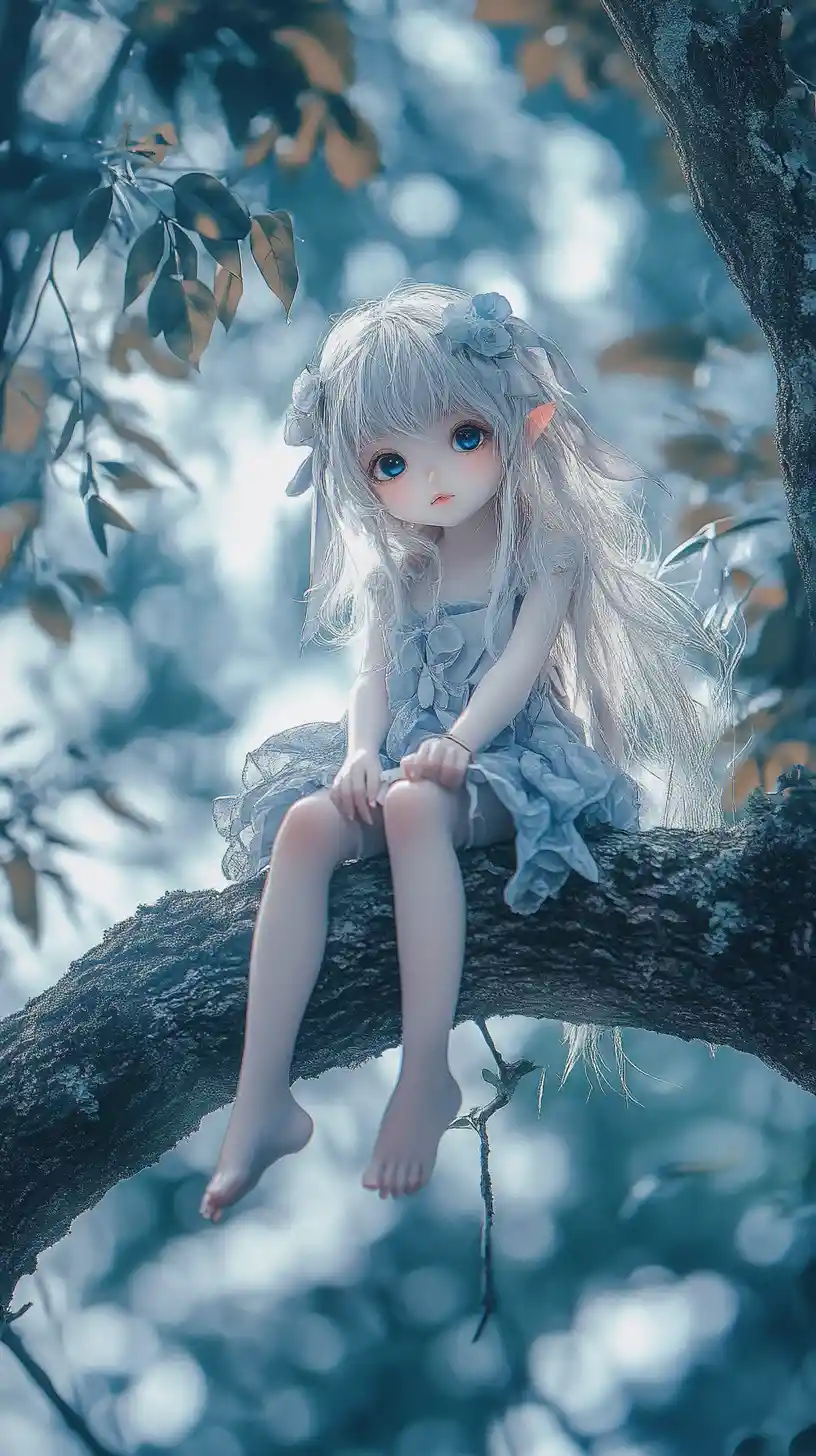 Fantasy fairy girl sitting on a tree branch