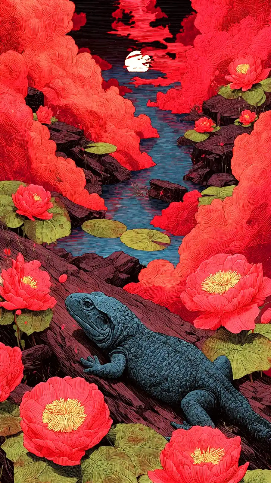 Blue green lizard on rock by river with red lotus