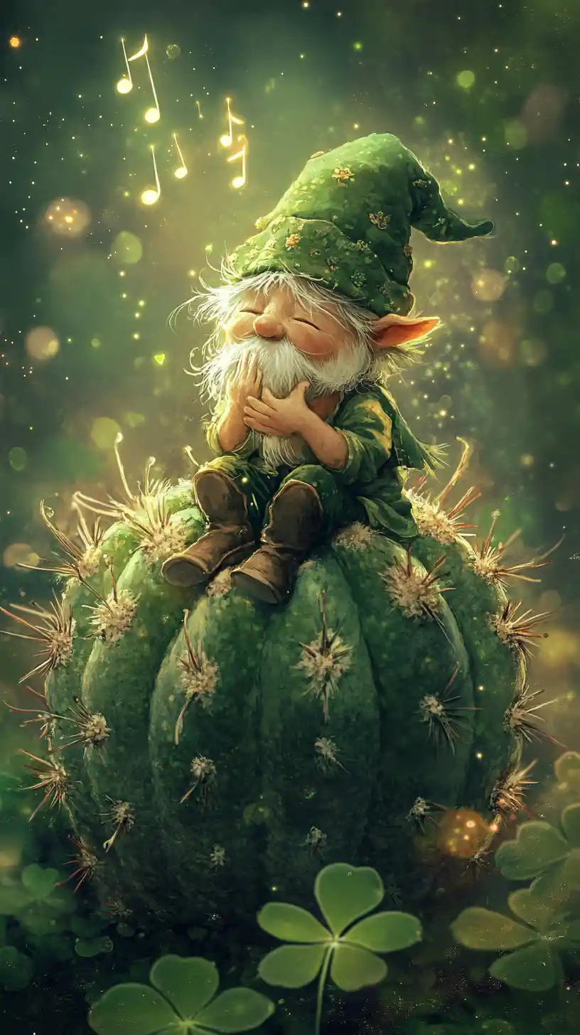 Whimsical forest gnome sitting on a tall round cactus