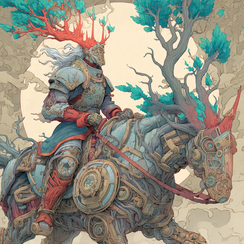 Armored rider on surreal mechanical horse in dreamlike world