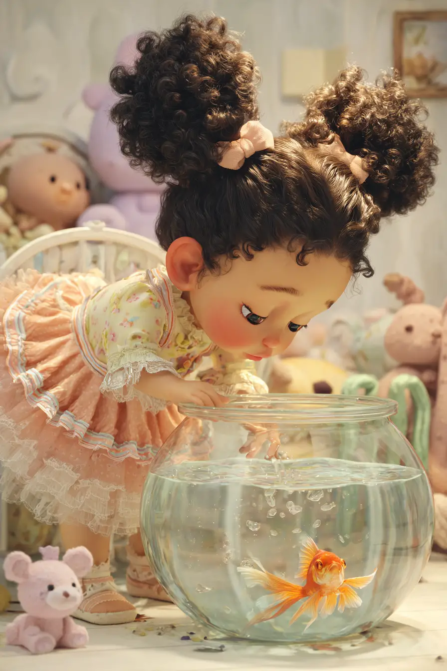 Little girl feeding goldfish in a cozy bedroom