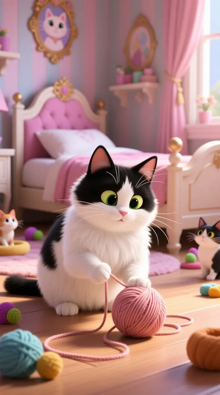 Pixar style fluffy cat playing with yarn in bedroom