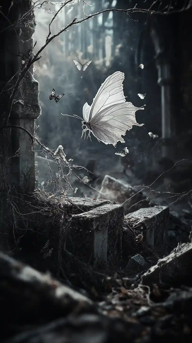Papillon délicat au-dessus de ruines au clair de lune dans un art dark fantasy