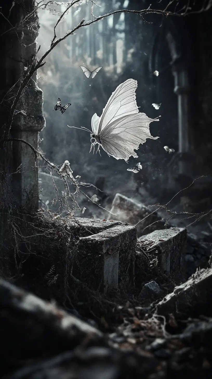 Delicate butterfly above moonlit ruins in dark fantasy art