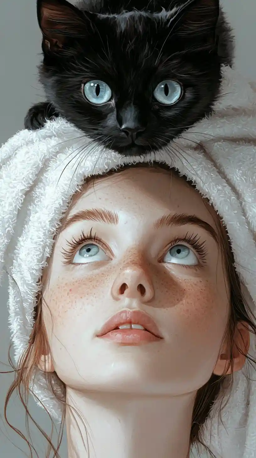 Young woman with towel and playful cat close up illustration