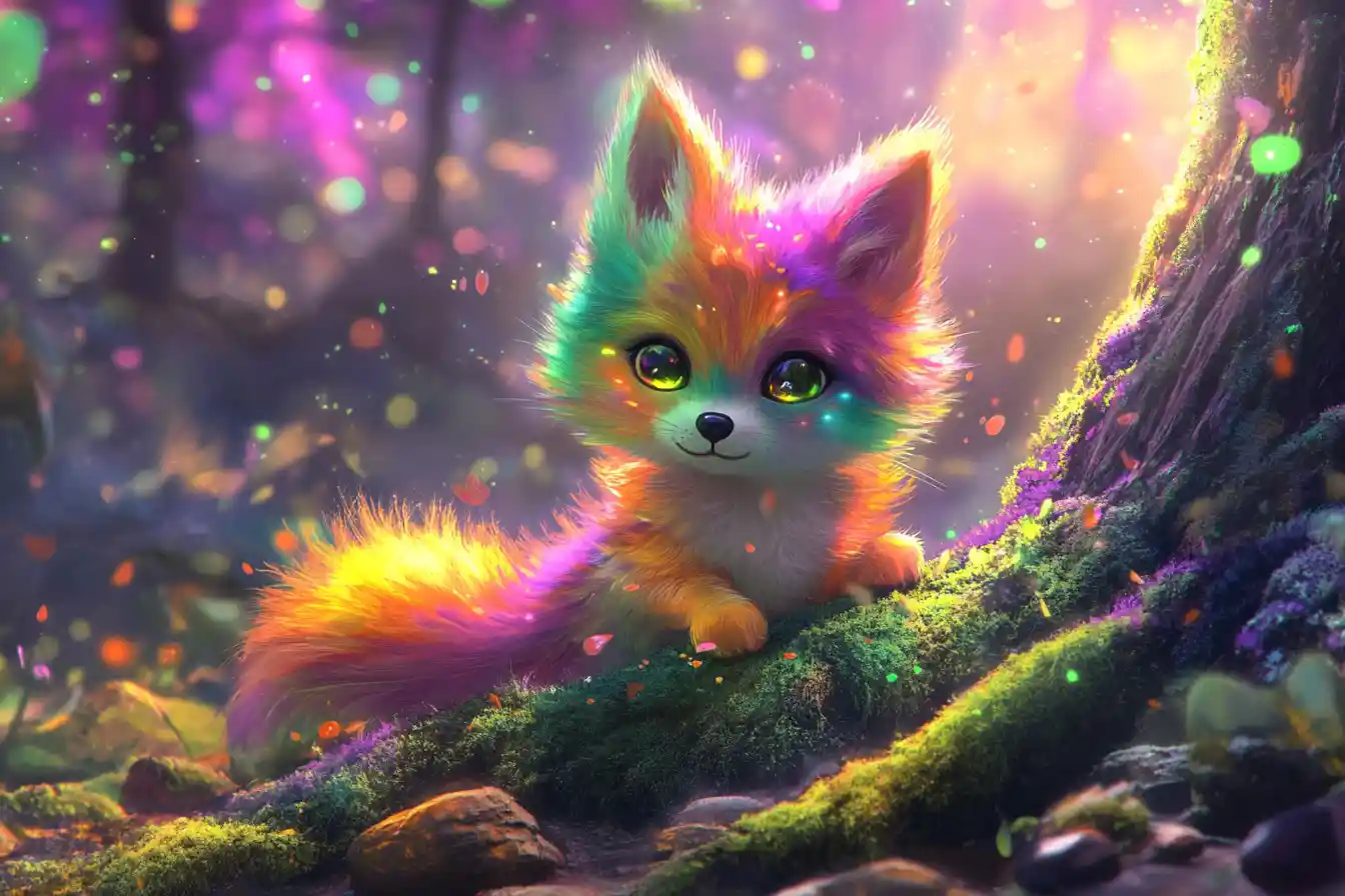 Chibi Rainbow Fox Jumping In A Magical Mossy Forest