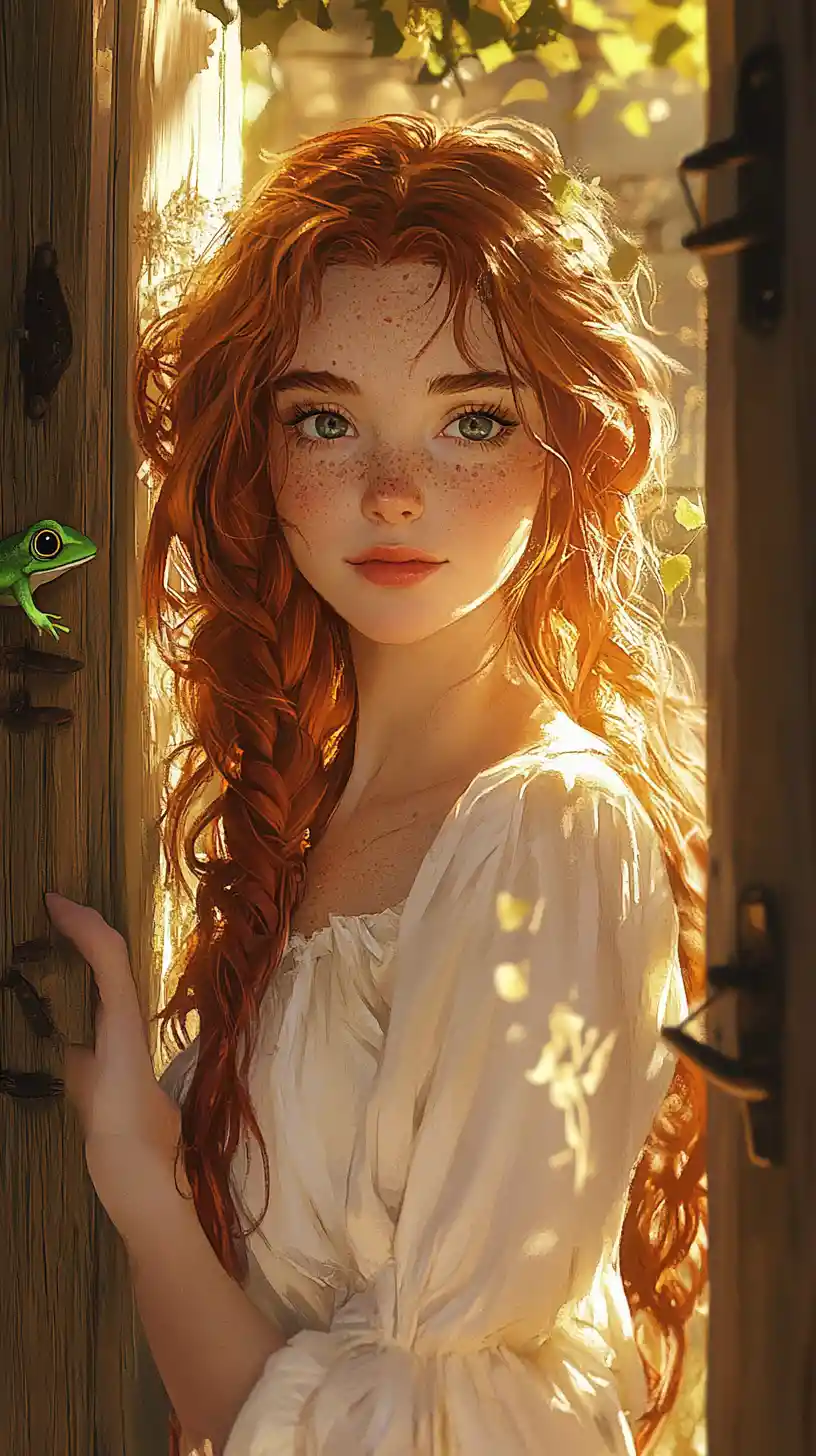 Anime girl by an old wooden door at golden hour