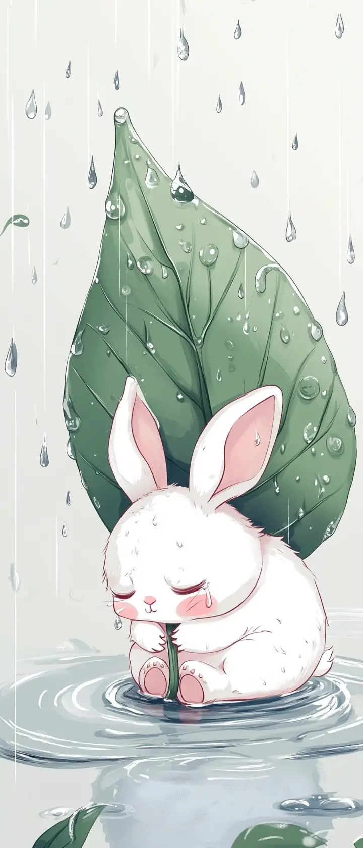 Sad chibi rabbit under a leaf umbrella in the rain