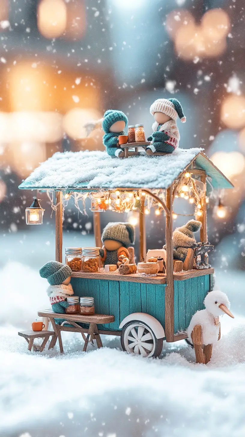 Tiny winter food cart with elves in falling snow