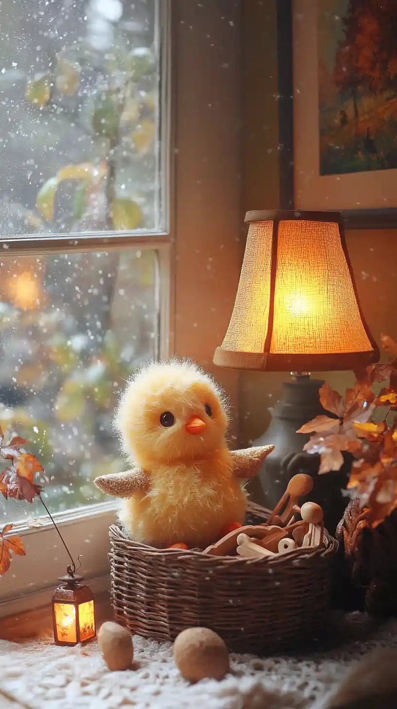 Fluffy Knitted Chick With Toys In A Cozy Room