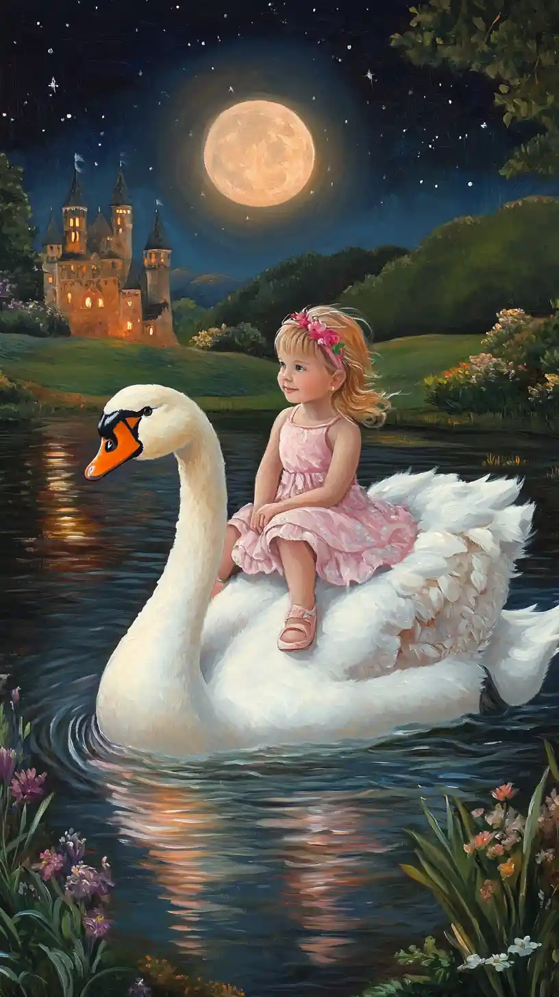 Bambina che cavalca un cigno bianco su un lago illuminato dalla luna