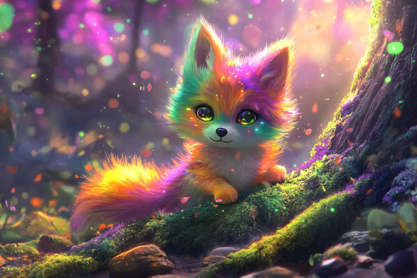 Chibi Rainbow Fox Jumping In A Magical Mossy Forest