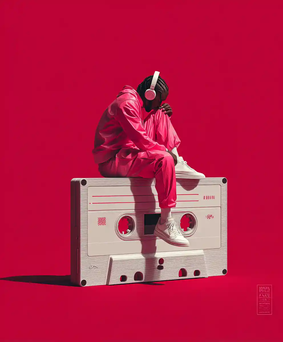 Man in pink jumpsuit sitting on giant cassette tape