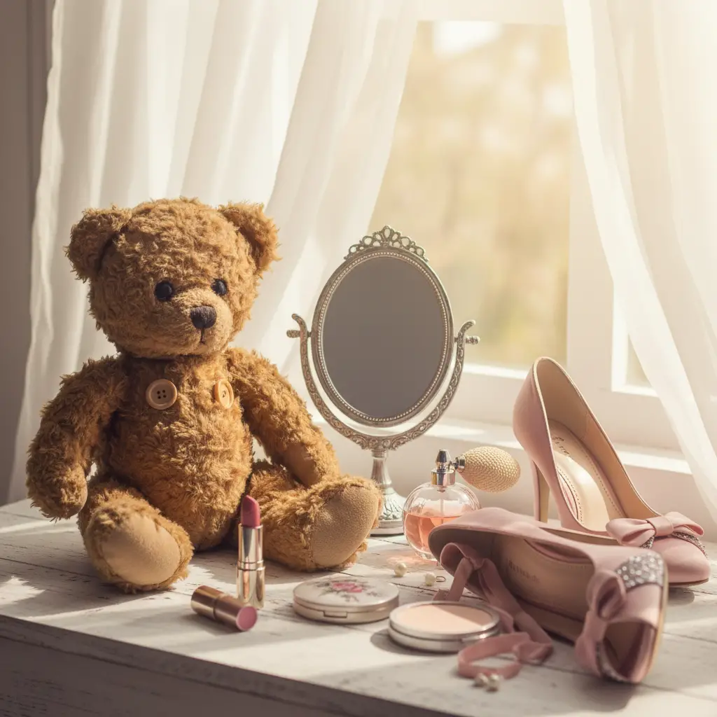 Cinematic still life with teddy bear and pink heels