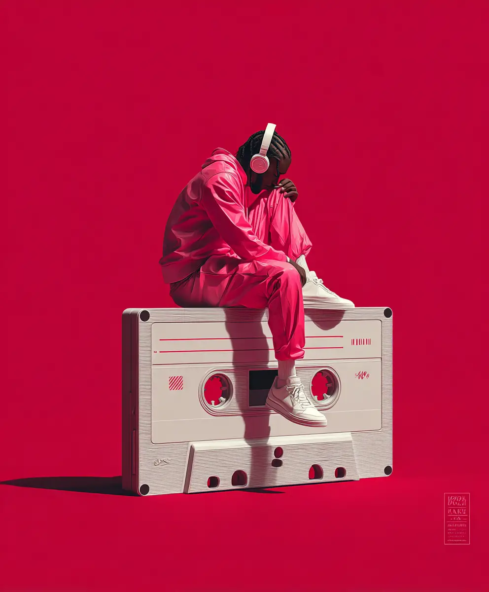Man in pink jumpsuit sitting on giant cassette tape