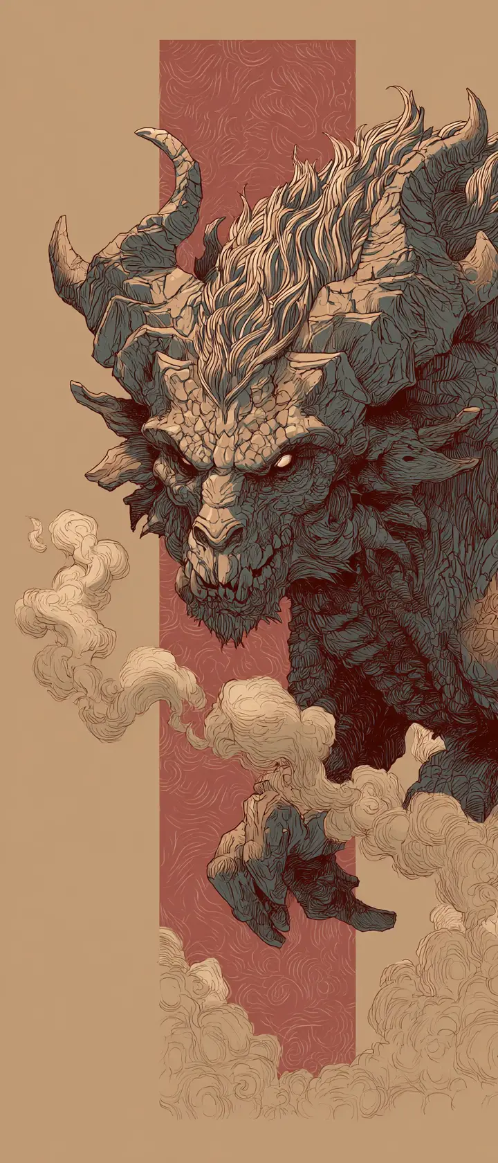 Mythic chimera with triple heads rampaging through ruins