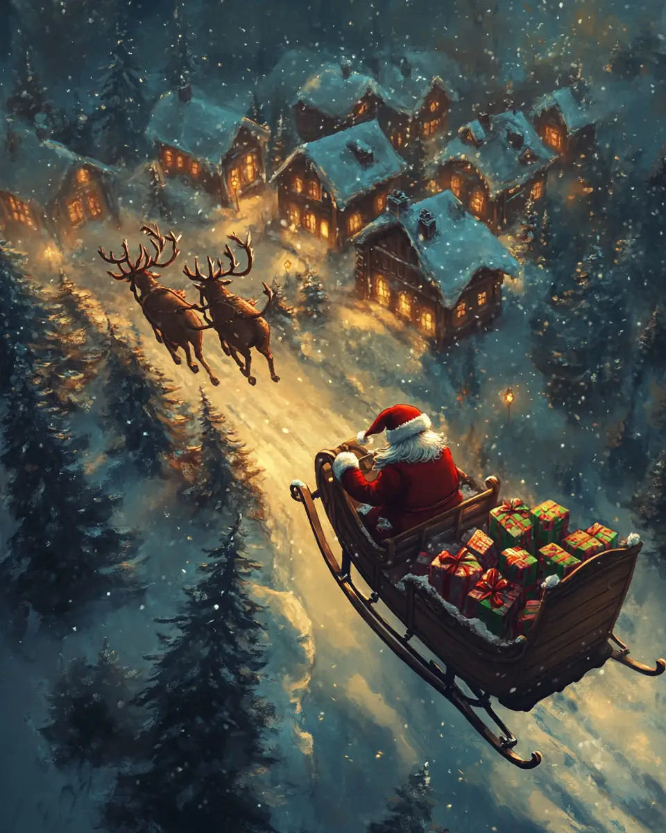 Muscular Santa Flying Over Tiny Snowy Town At Night