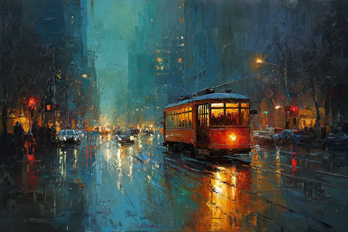 Night tram on wet autumn city street in impasto painting