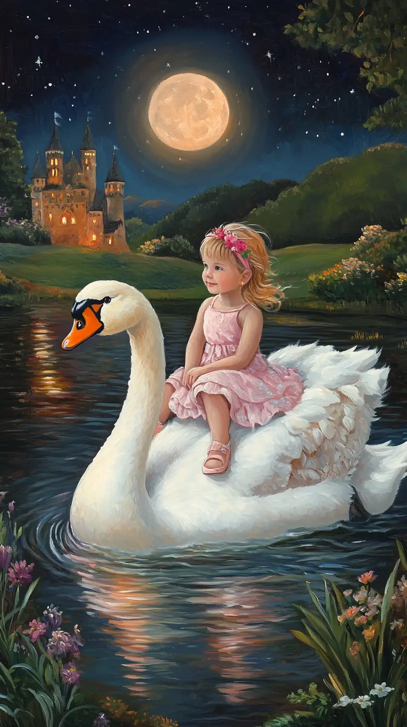 Little girl riding a white swan on a moonlit lake