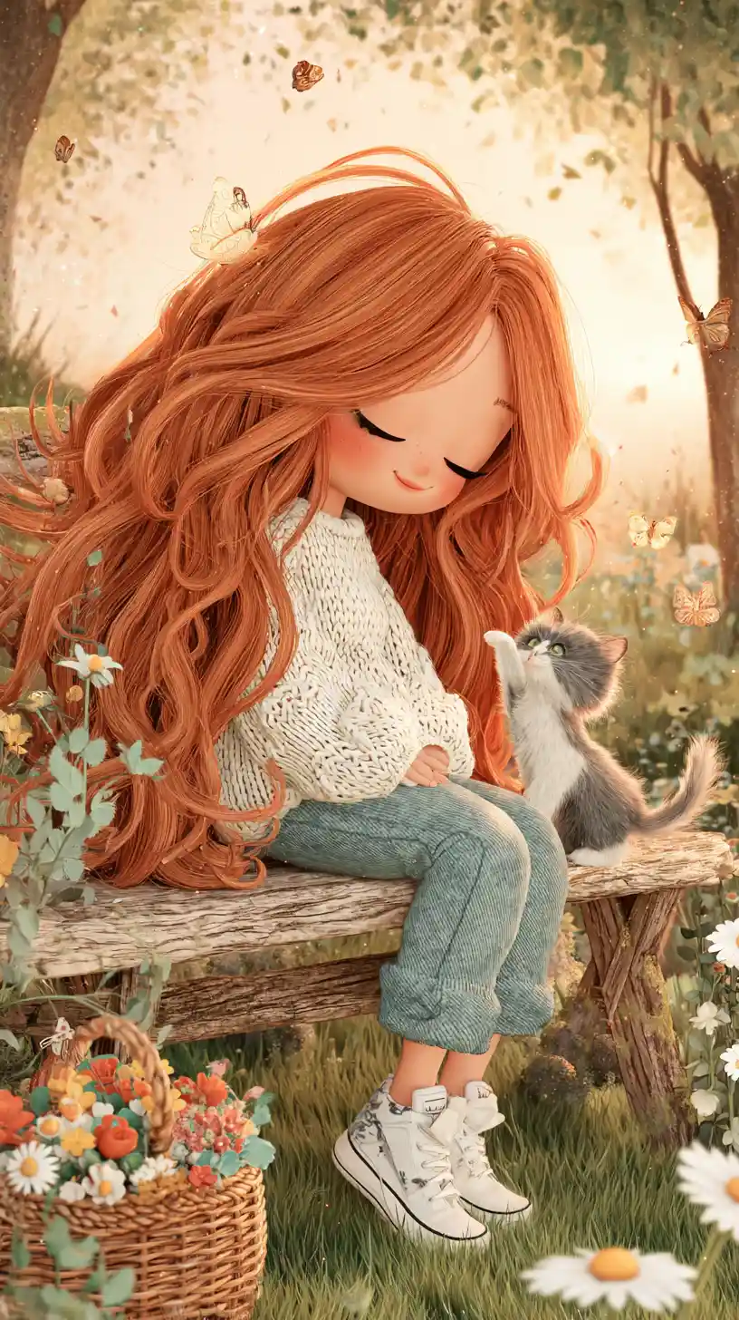 Chibi girl with kitten on a wooden bench in garden