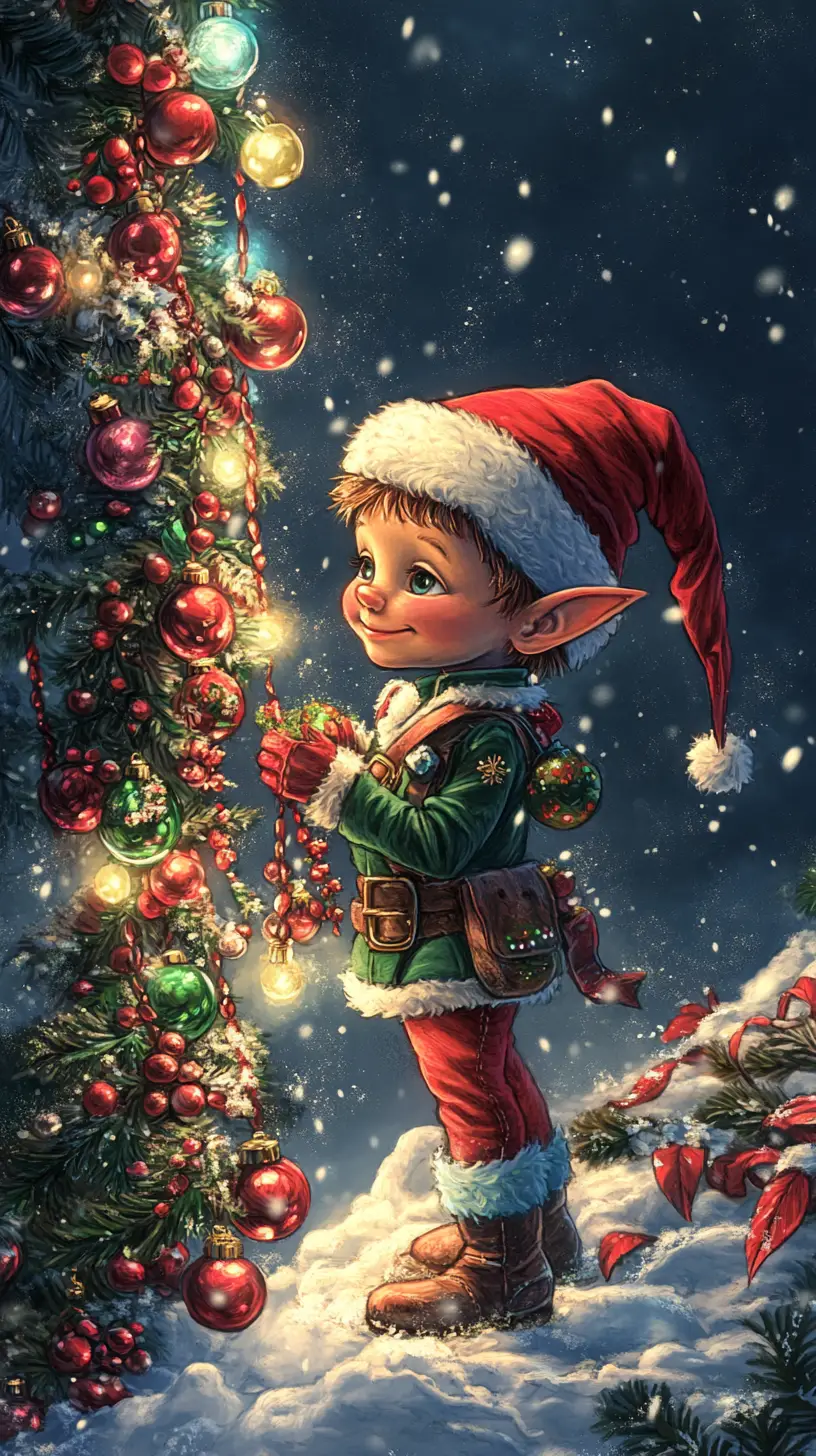 Whimsical elf at the North Pole in snowy pencil art