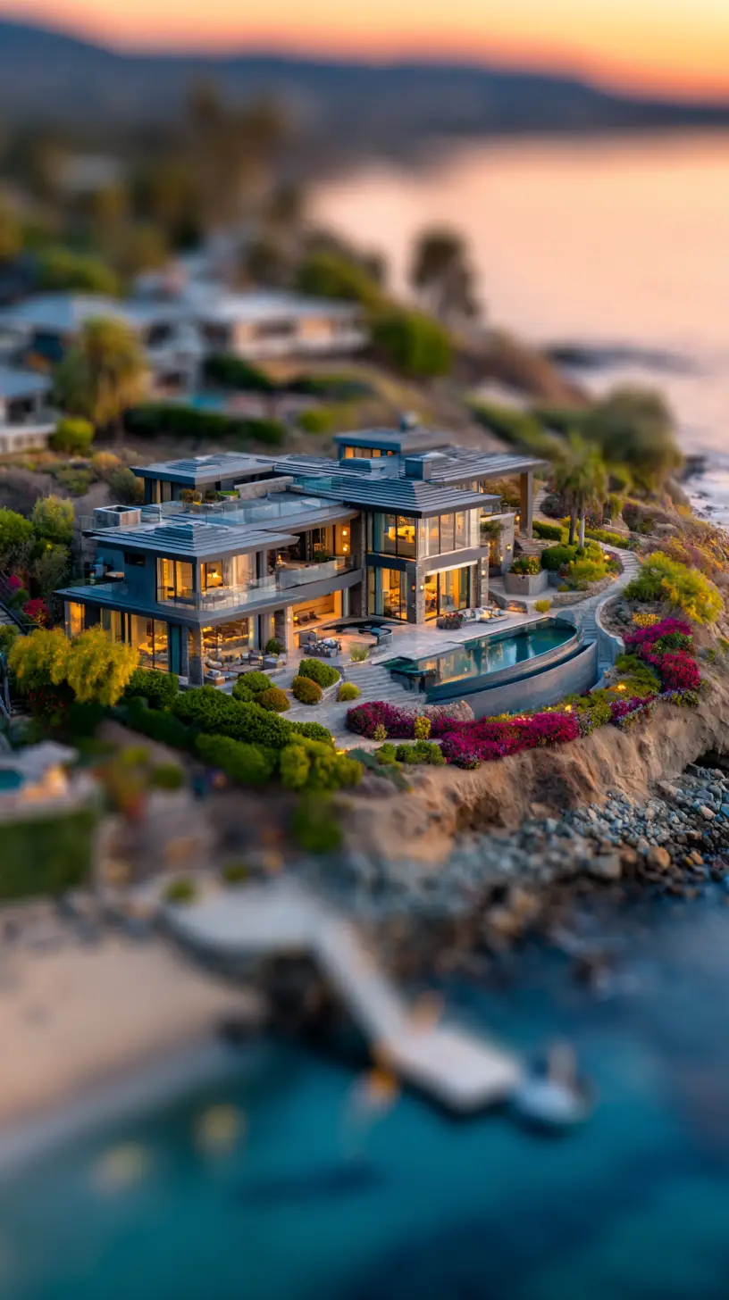 Modern California Beachfront Mansion At Sunset With Infinity Pool