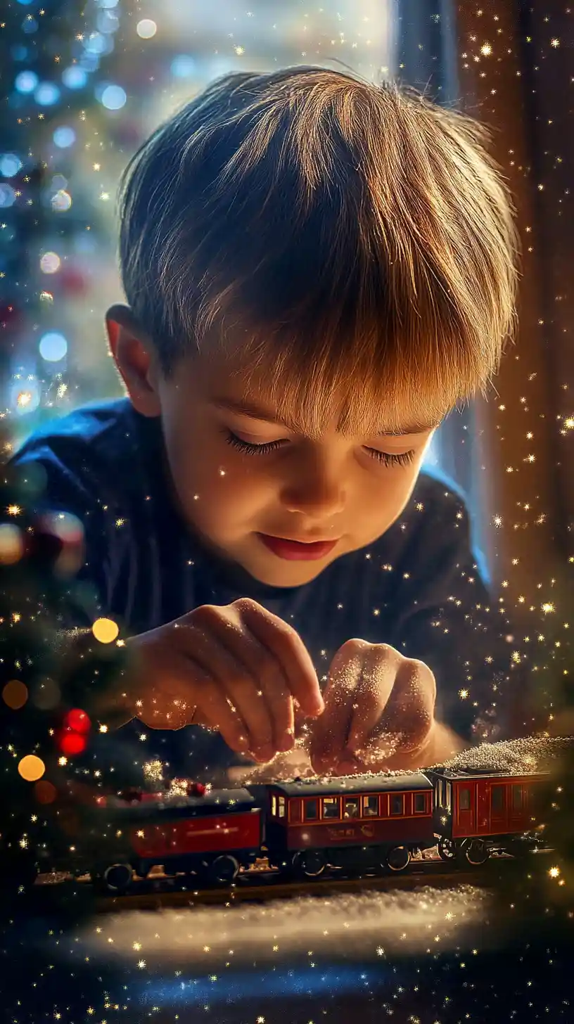 Young boy playing with toy train by christmas tree