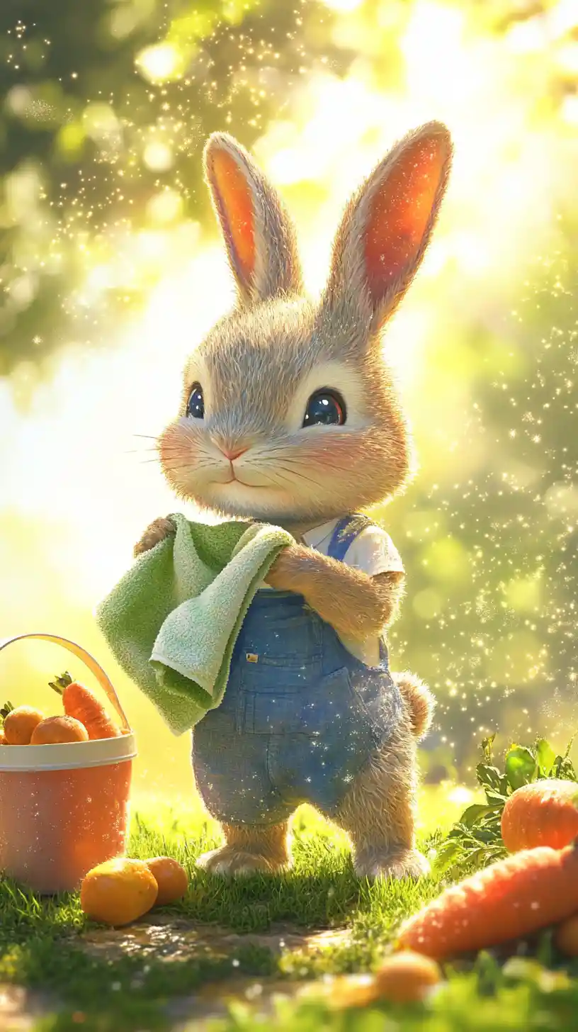 Cute rabbit cleaning with bucket on sunny grass illustration