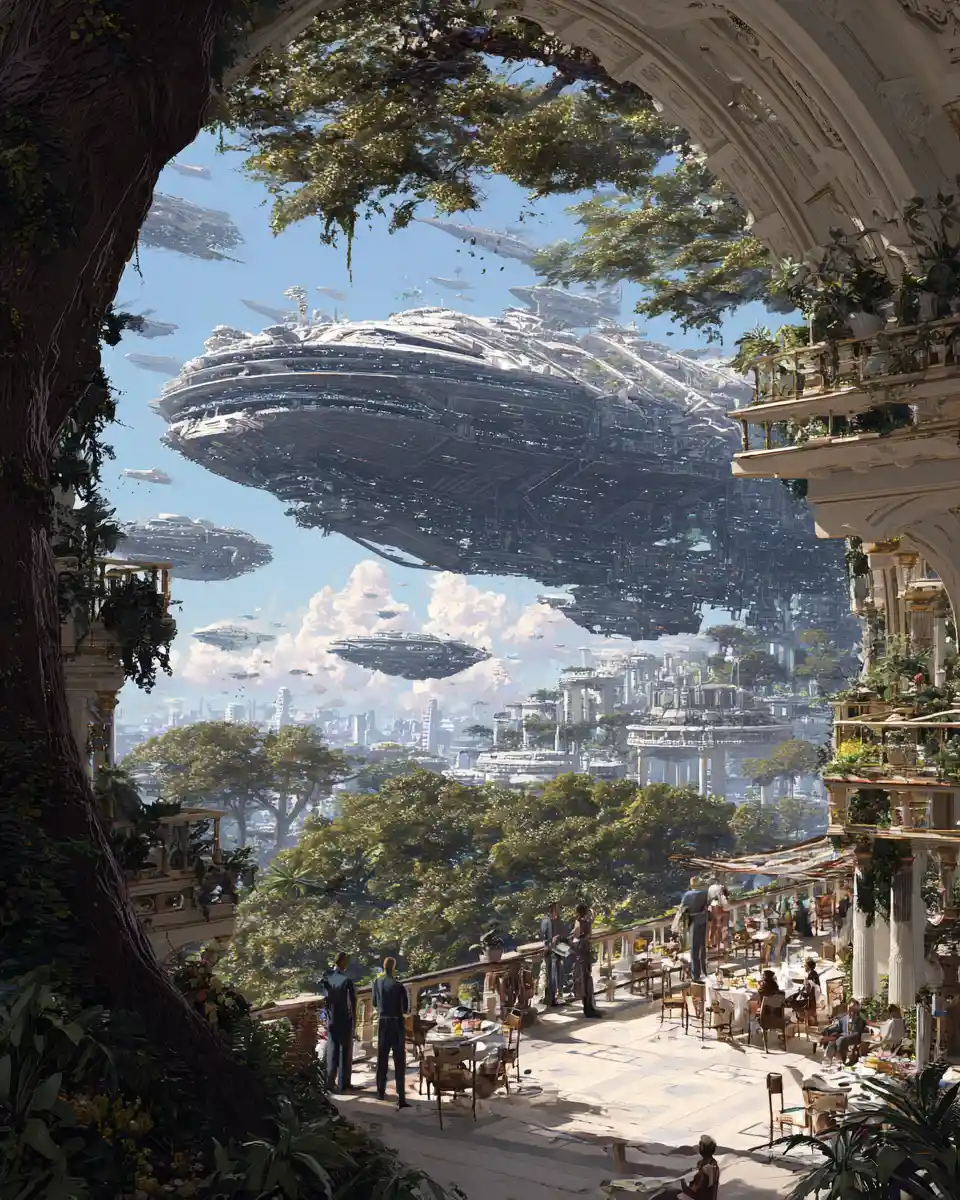 Vista dal Balcone su Città Futuristica e Astronavi nel Cielo