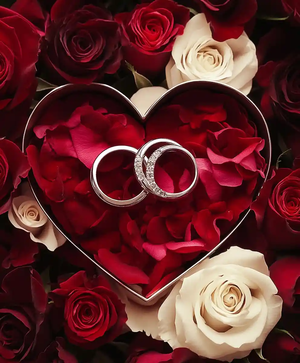 Valentines heart with roses and intertwined wedding rings