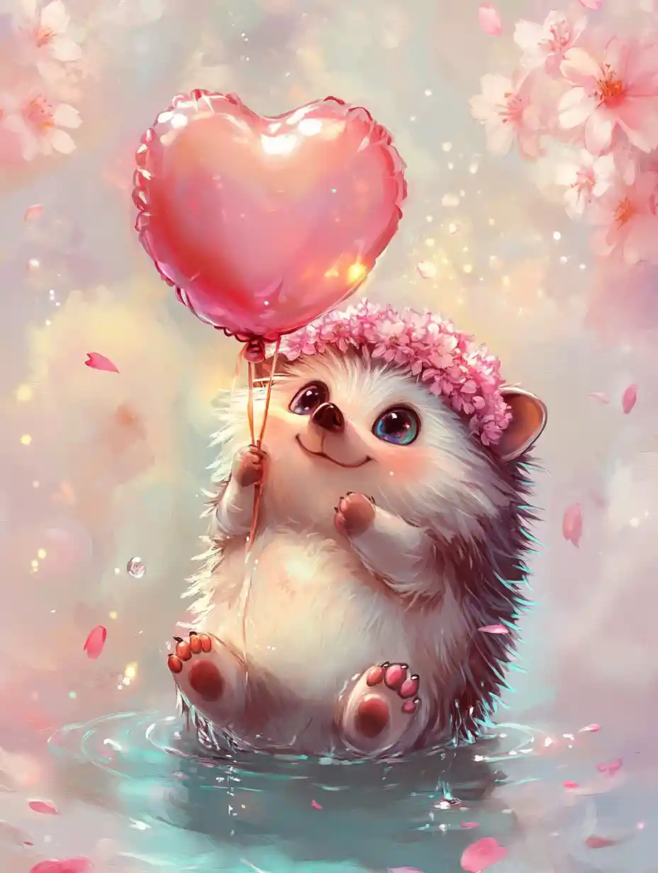 Baby hedgehog hugging heart balloon in pastel watercolor