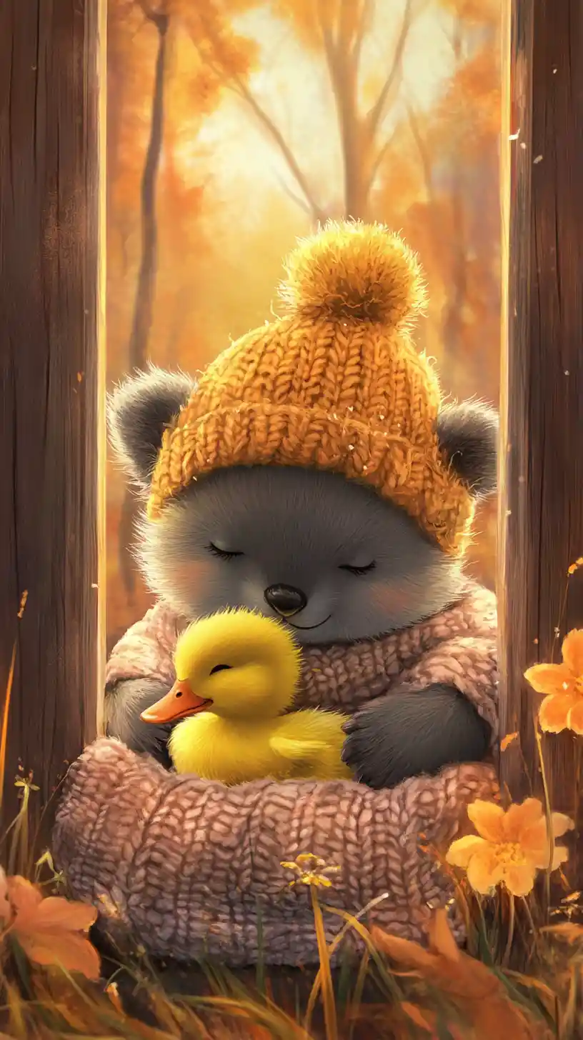 Cute gray animal cuddling duckling in autumn sunset