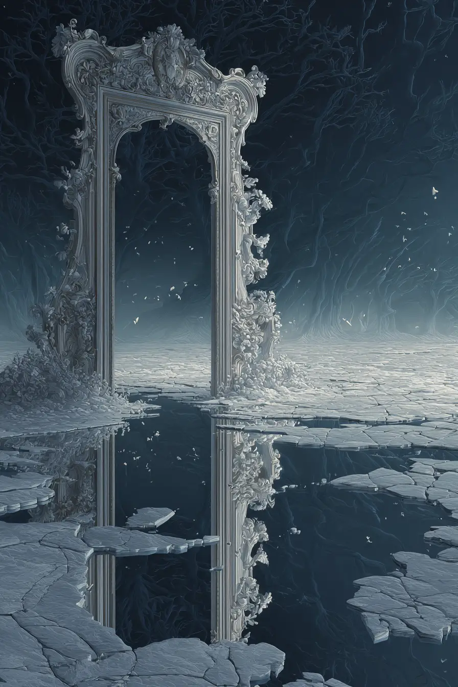 Ornate silver portal standing on a frozen lake