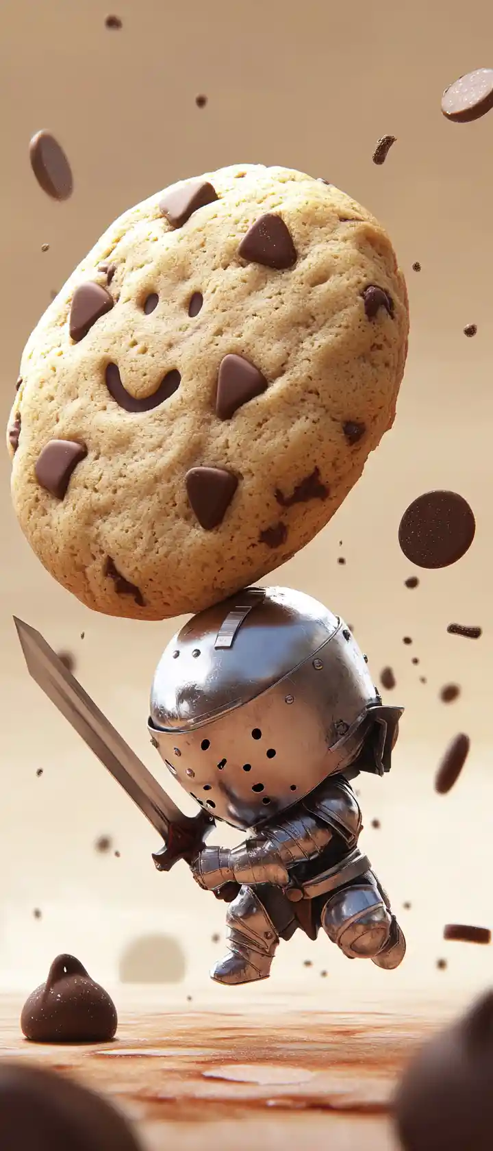 Cute chibi knight battling a giant smiling cookie
