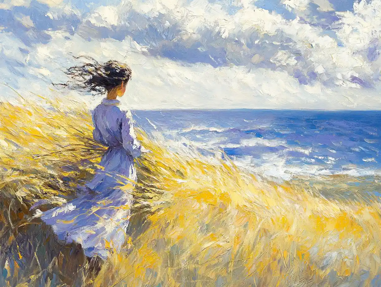 Girl Standing In Windy Grass Overlooking The Distant Sea