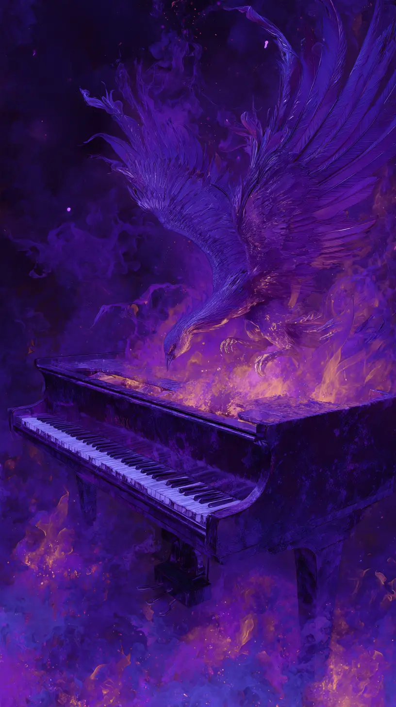 Phoenix rising from piano in a twilight desert