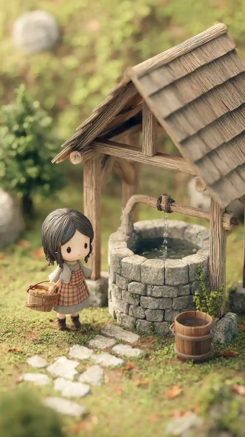 Chibi girl fetching water beside a well in country house